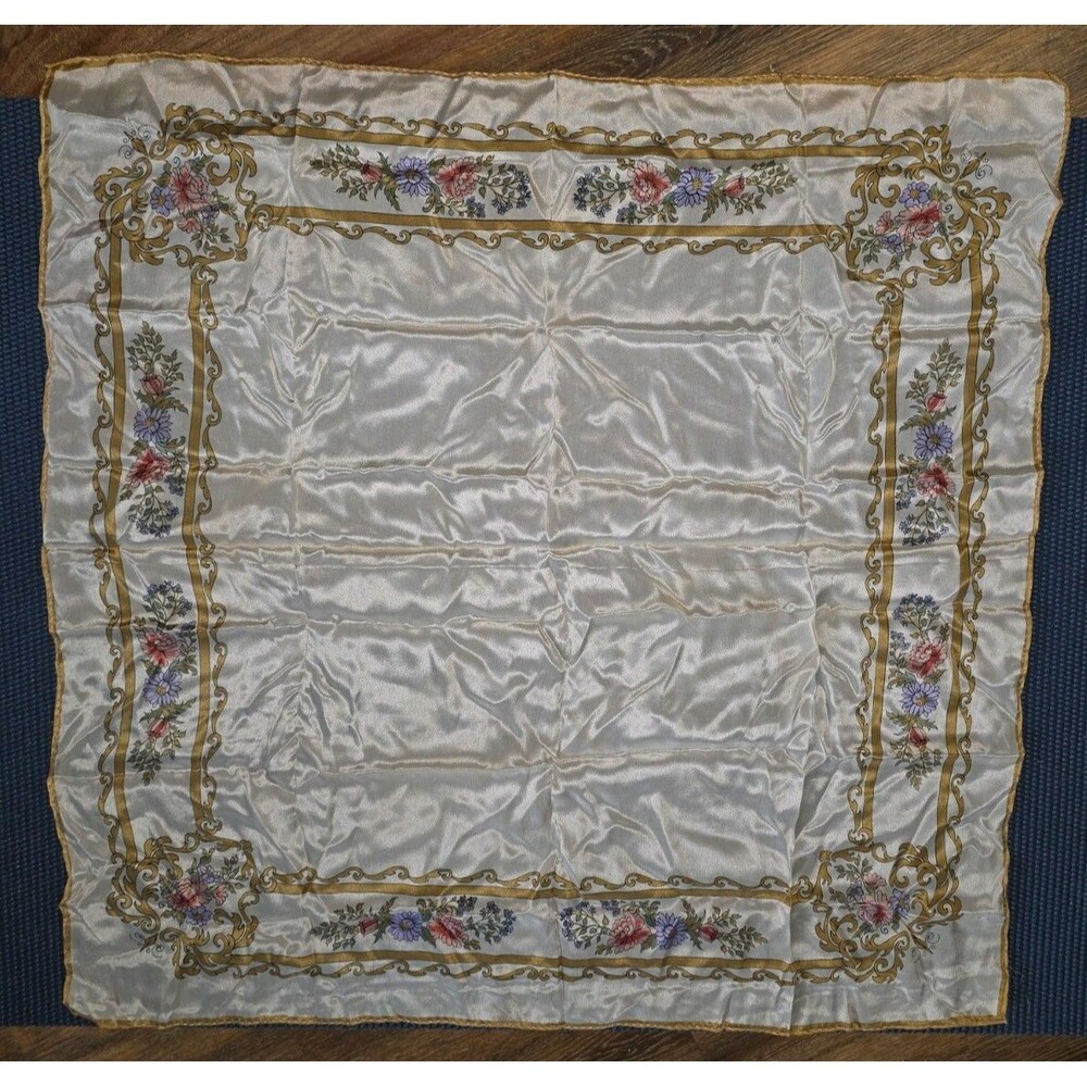 Vintage Silk Scarf White/Gold Multicolor Floral Border Pattern Table Linen
